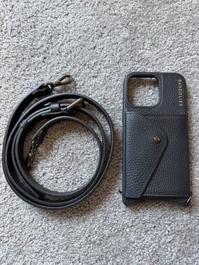Bandolier Black Leather Crossbody Phone Case with Card Pocket and Strap